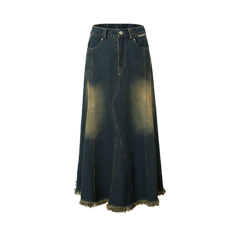 Vintage Wash Small Outlets Irregular Design Raw Edge Denim Skirt