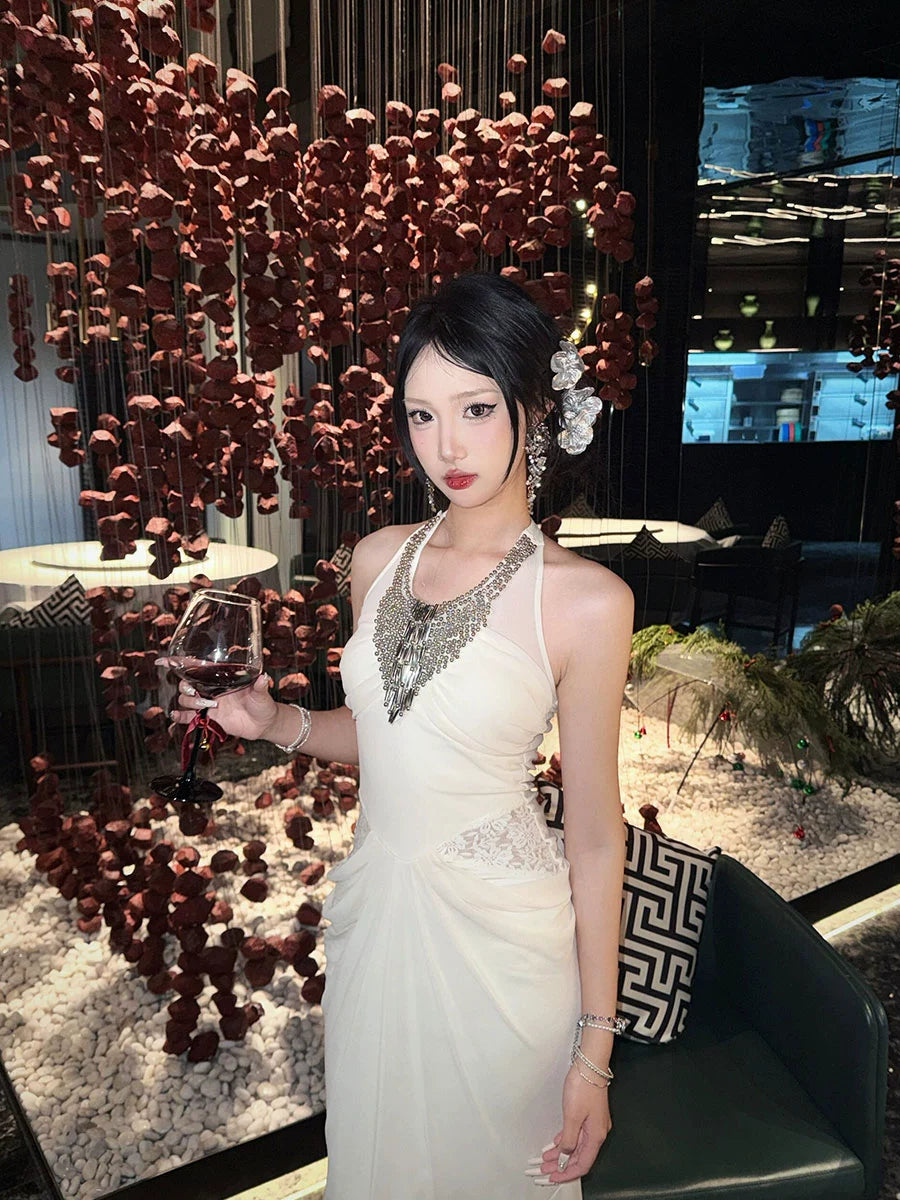 French Diamond Halterneck Dress – Elegant Luxury Dinner Gown