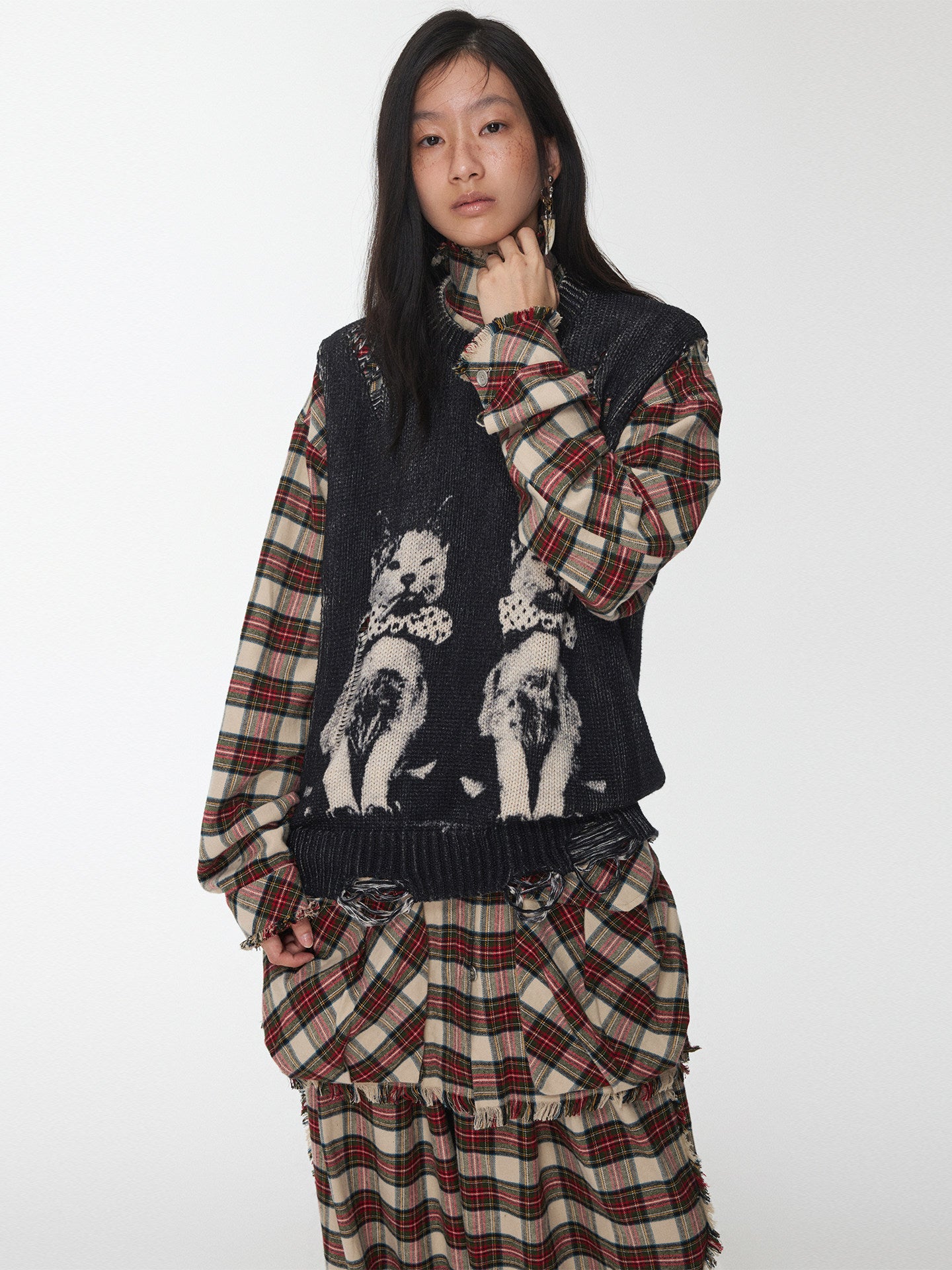 Cat Print Distressed Knit Vest