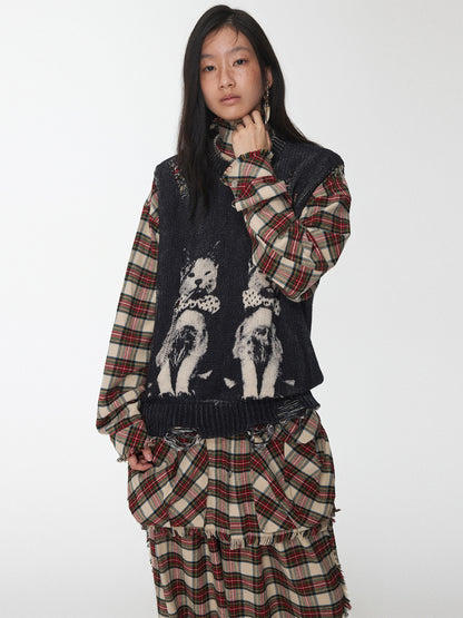 Cat Print Distressed Knit Vest