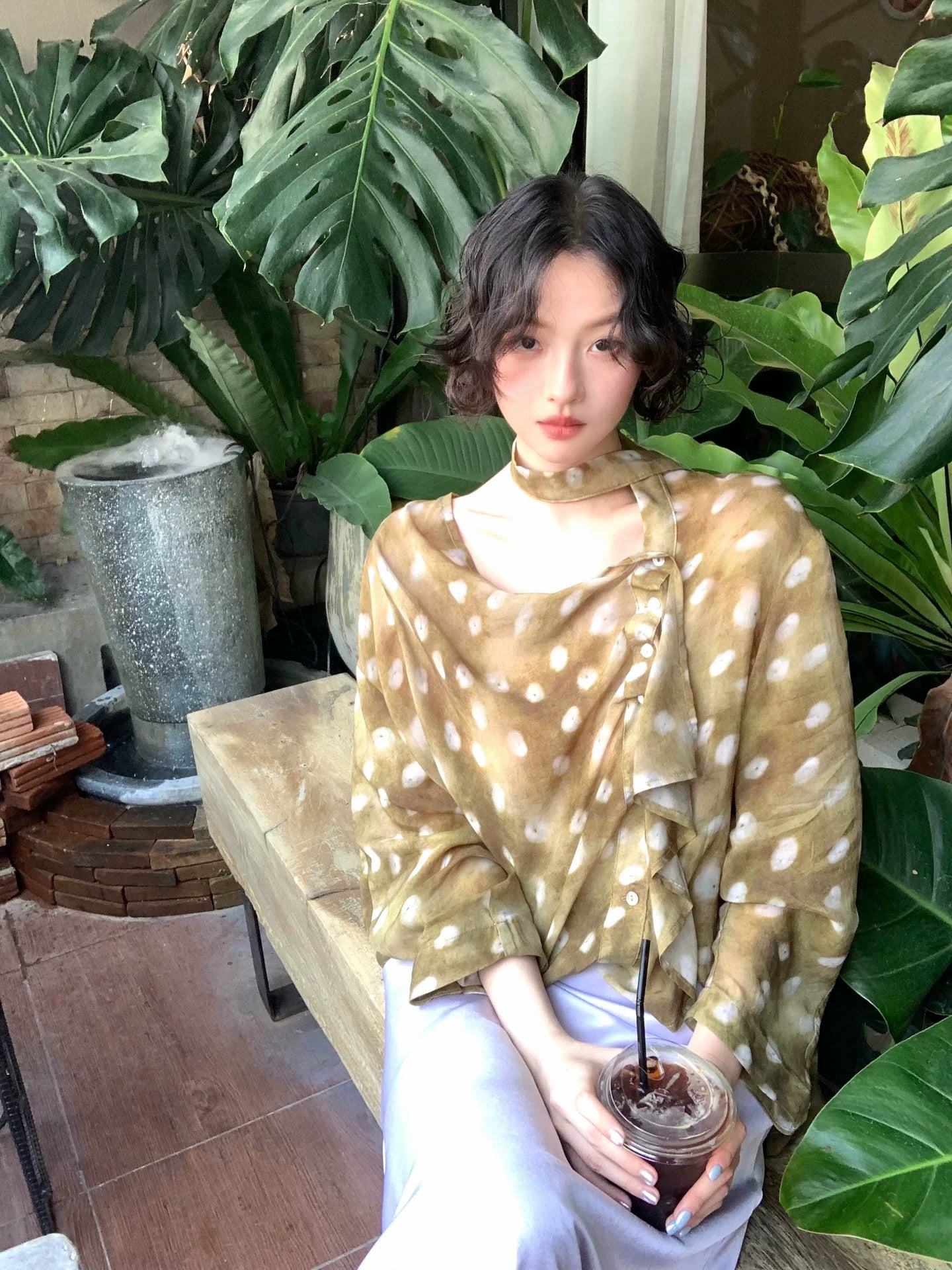 Wine noon 2026 spring olive green vintage polka dot cupro chiffon lace-up lantern sleeve artistic top girl