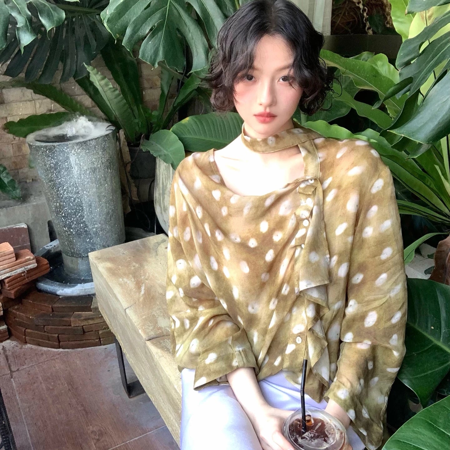 Olive Green Polka Dot Chiffon Blouse