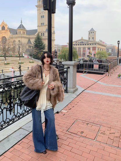Wine afternoon elegant retro 2025 winter new high-waisted fleece thickened slim jeans bootcut pants floor-length pants for women