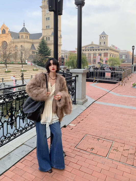 Wine afternoon elegant retro 2025 winter new high-waisted fleece thickened slim jeans bootcut pants floor-length pants for women
