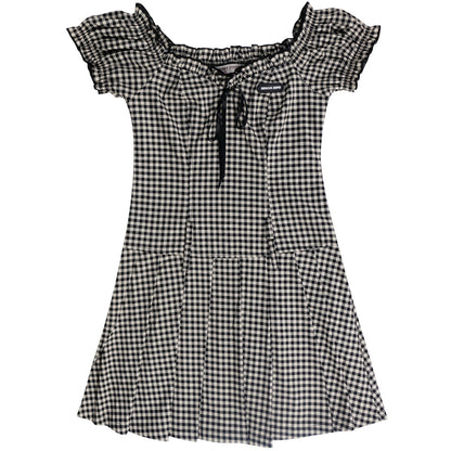 First Love French Bubble Sleeve Plaid Dress