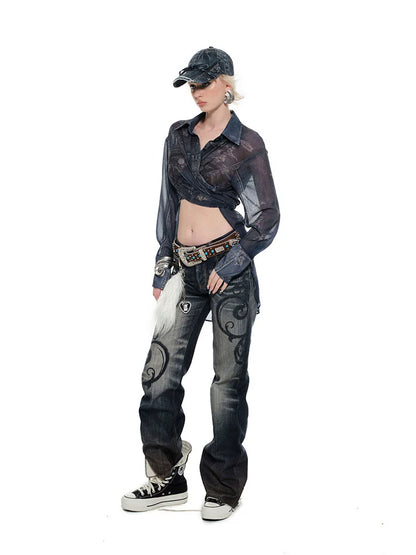 Denim Tie-Print Chiffon Long Shirt – Lightweight & Flowy Design