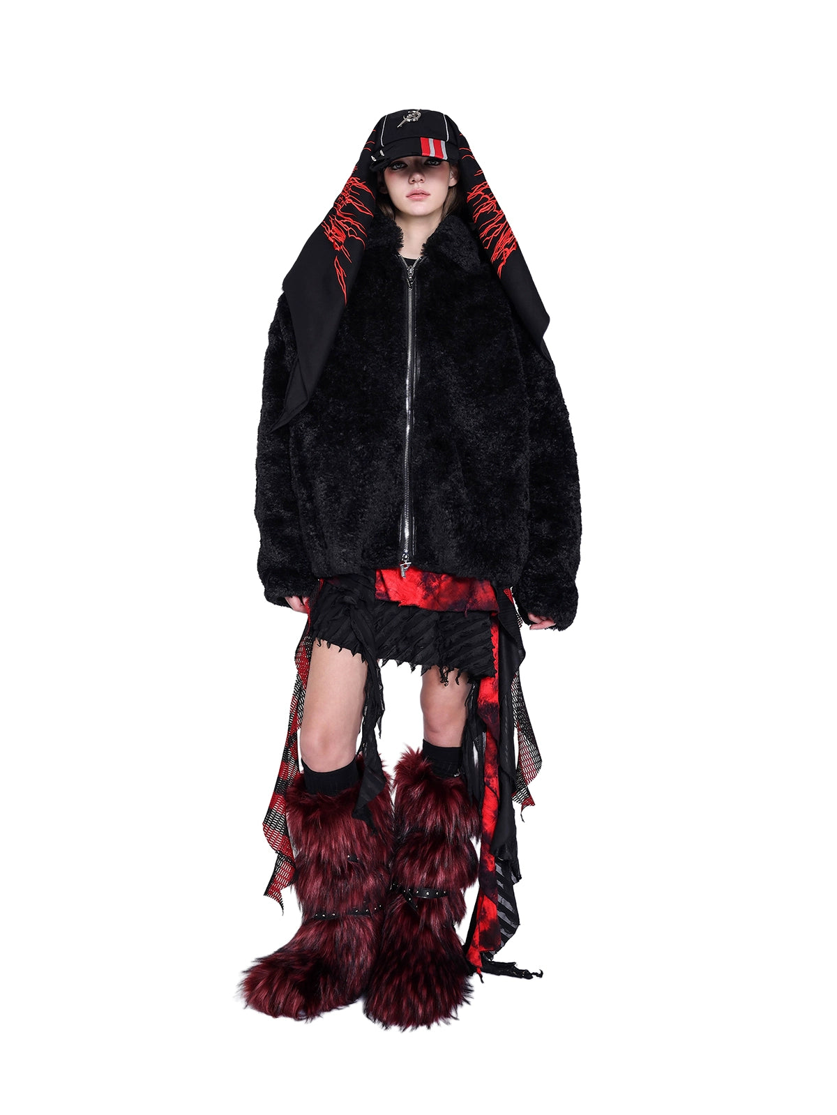 original double-zipper insulated sheep beach wool genderless black basic loose fur jacket