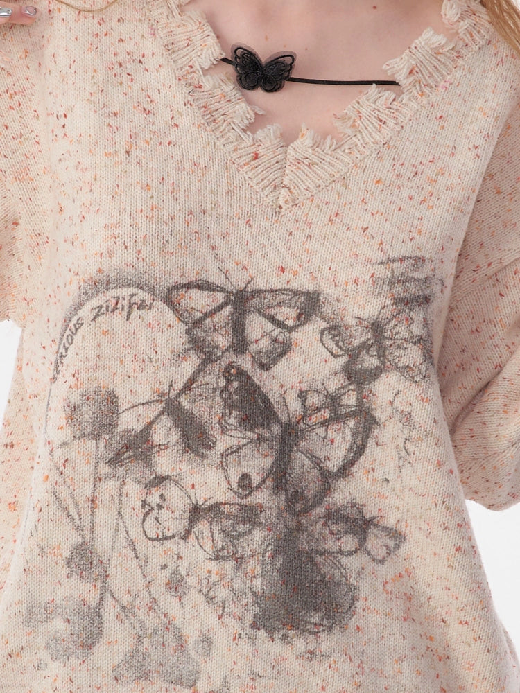 Butterfly Print Apricot Sweater | Warm Soft Wax Retro V-neck Design for Autumn/Winter