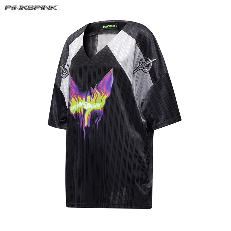 Electric Moon Flame Cat Graphic Jersey – Y2K Rock Streetwear Top