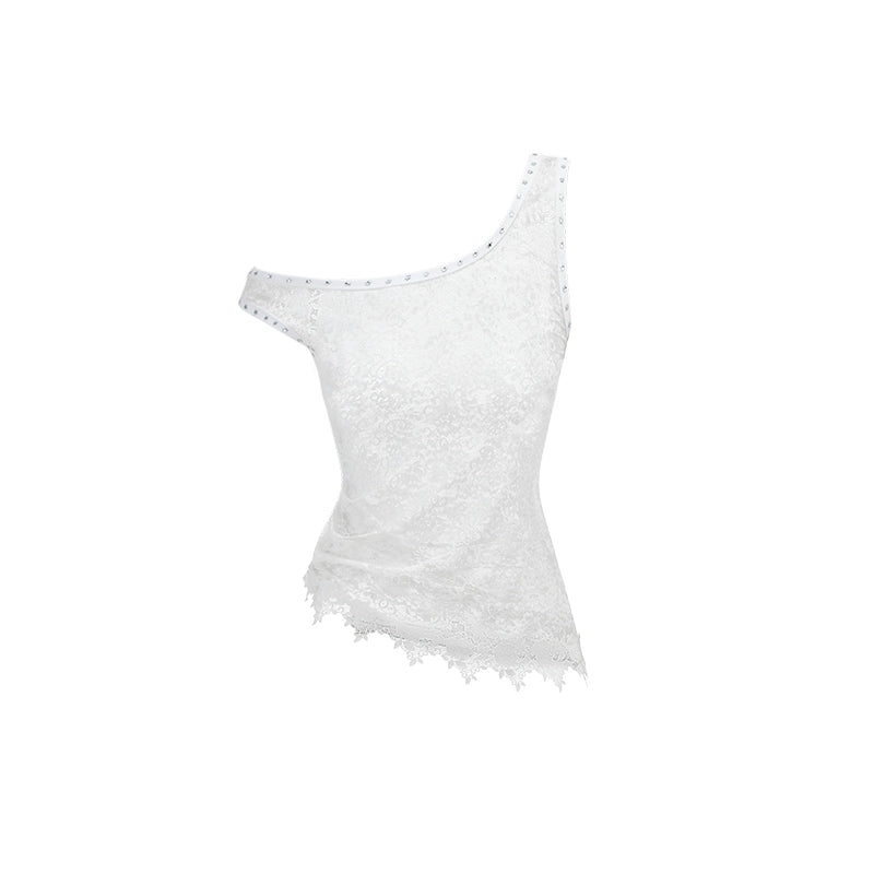 Asymmetrical Lace Layered Vest – Slanted Shoulder Light Sheer Top