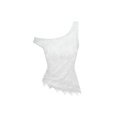 Asymmetrical Lace Layered Vest – Slanted Shoulder Light Sheer Top