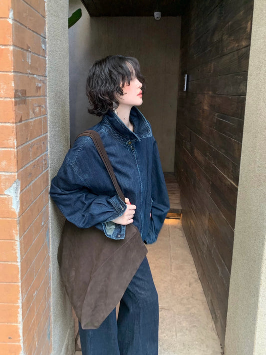 Wine afternoon Hong Kong style retro 2025 autumn new lapel zipper denim clothes with loose temperament short denim jacket for women