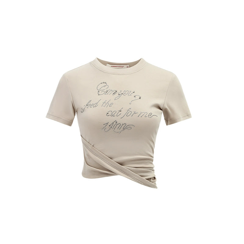 Pleated Waist Studded Crop T-Shirt – Slim Silhouette with Design Flair