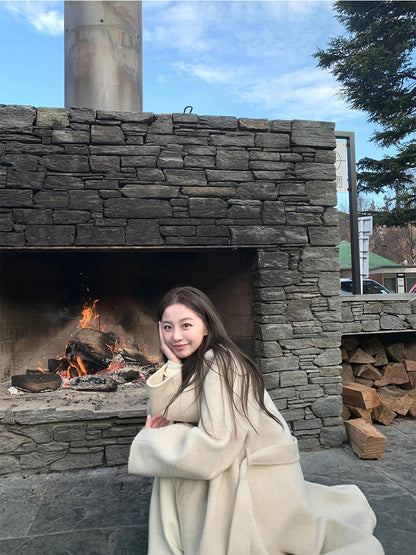 White Wool Coat – Hepburn-Style Mid-Length Large Lapel Jacket