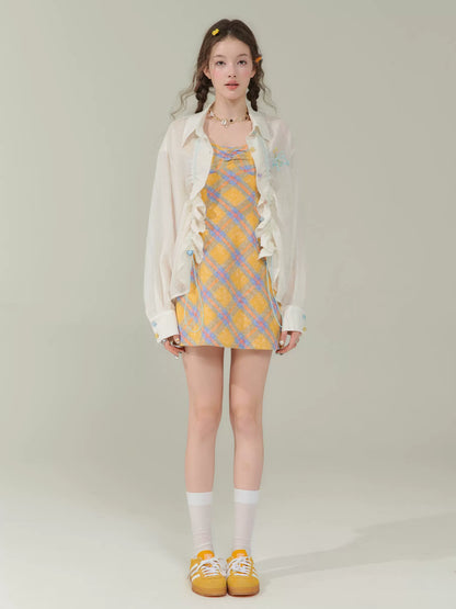 Yellow Checkered Strap Dress | Slim Fit Waist Summer Retro 스타일