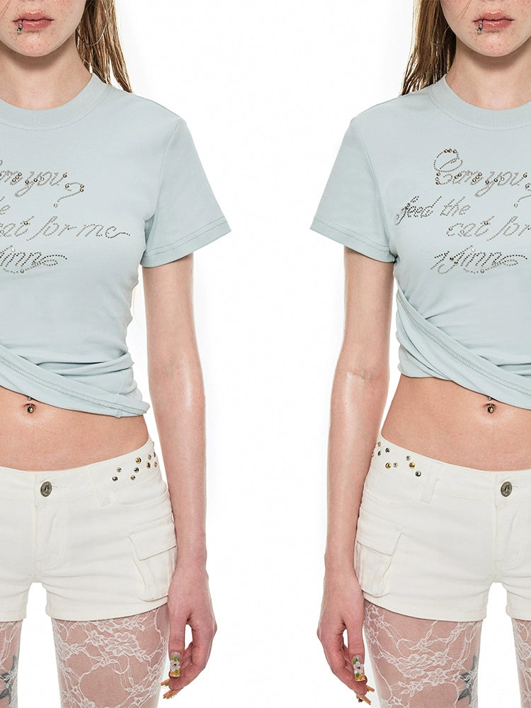 Pleated Waist Studded Crop T-Shirt – Slim Silhouette with Design Flair