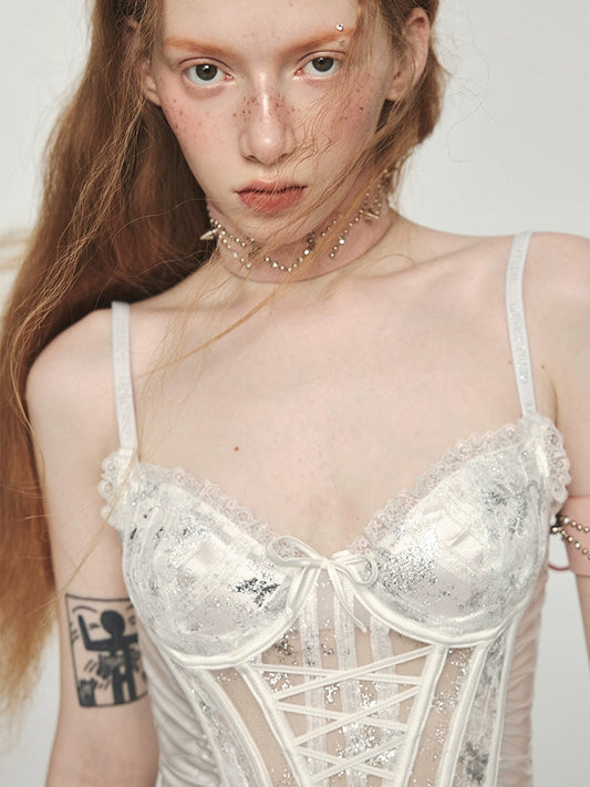 Satin Corset Camisole – Cross-Strap Cinched Waist Slim Fit Sexy Top