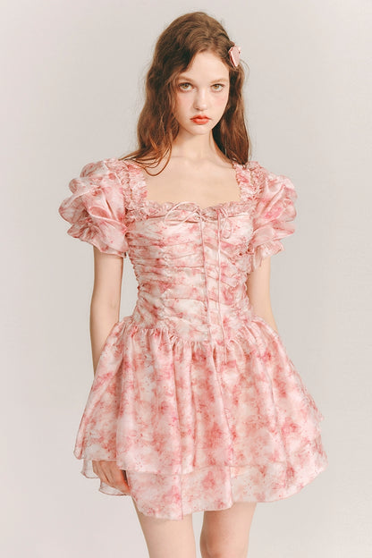 Organza Ice Rose - Sweet Print Pleated Sleeve Dress