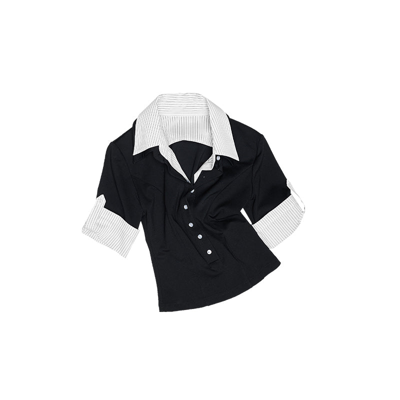 Fake Two-Piece Deep V Polo Tee – Cropped Slim Short Sleeve