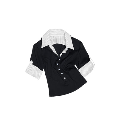 Fake Two-Piece Deep V Polo Tee – Cropped Slim Short Sleeve