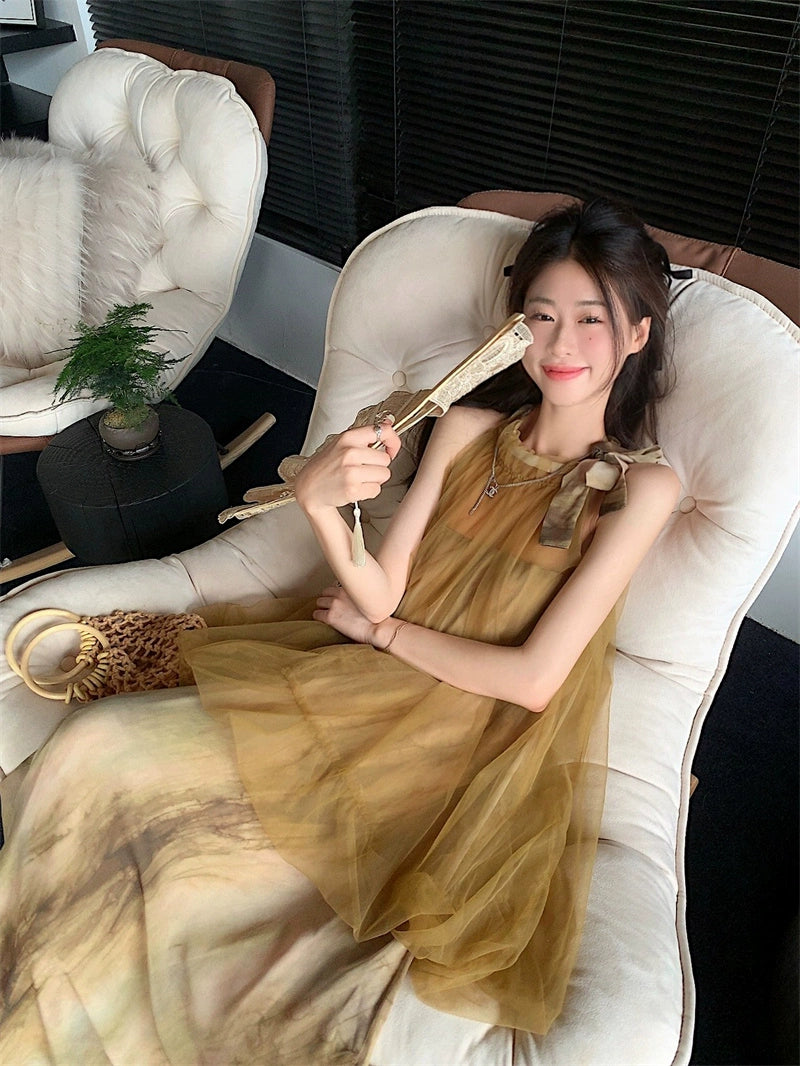 Fairy Mesh Tie-Dye Halterneck Dresses – National Style Cheongsam-Inspired Skirts