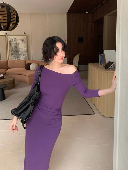 Pearl Girl Asymmetric Off-Shoulder Waist-Gathered Maxi Dress – Autumn Chic