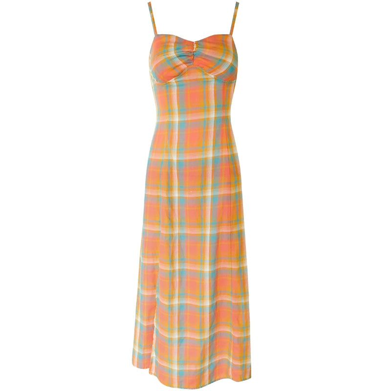 Orange Checkered Dress | Slim Fit American Retro Strap Design