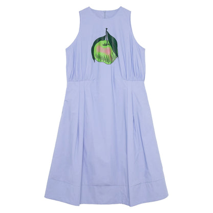 녹색 애플 프린트 주름 중간 길이 드레스