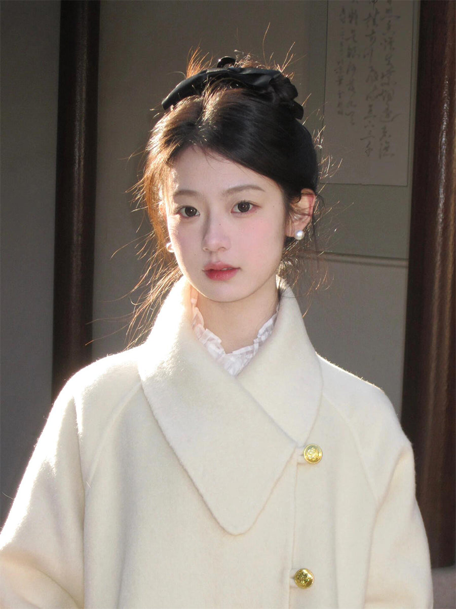 Luxe Woolen Coat – White Fox Fur Mid-Length Cashmere Elegance