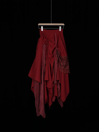 Red Lace Spliced Silk Half Skirt