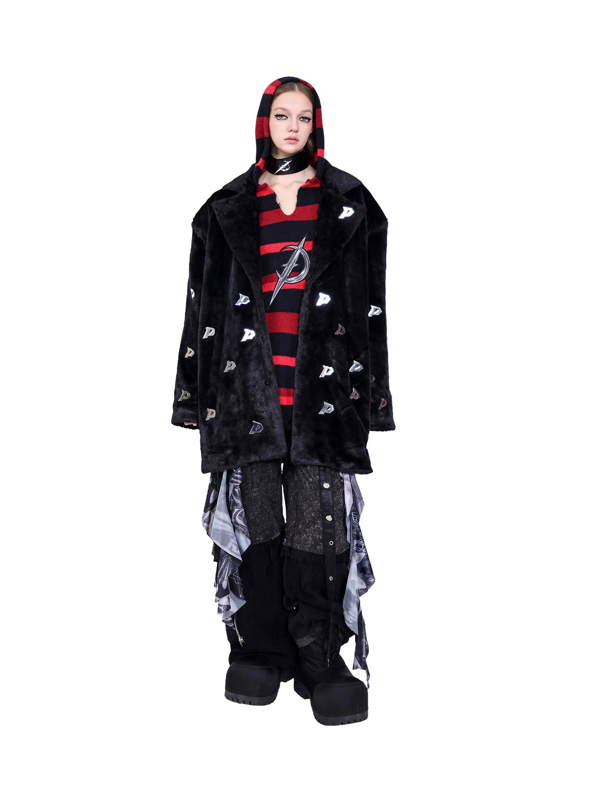 Metal Accent Letter P Jacket with Fur Shoulder Padding (Unisex)