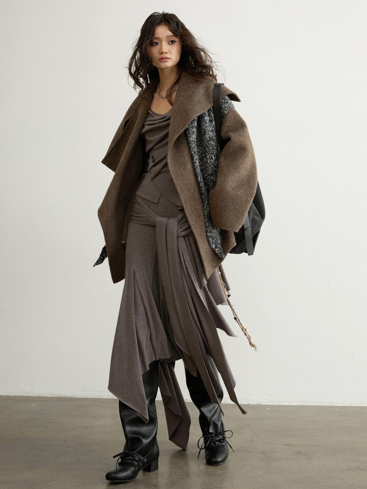 Handmade Double-Faced Wool Coat | Ebony Brown Belted Wrap Coat