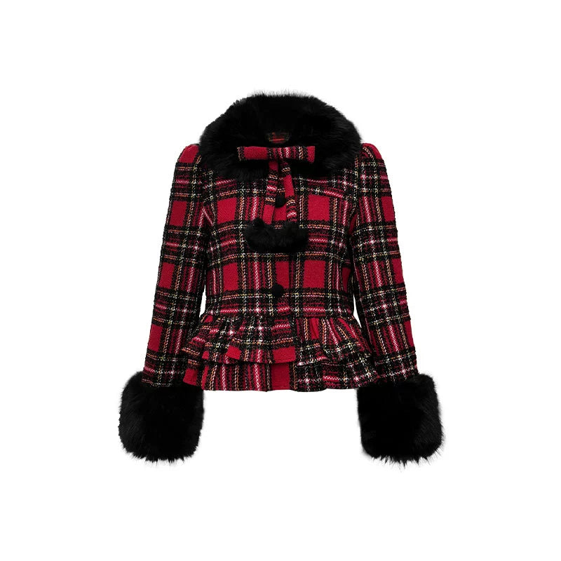 Diseño Original a cuadros rojo y negro, cuello de felpa desmontable, bola de felpa, abrigo de felpa navideño, conjunto de media falda