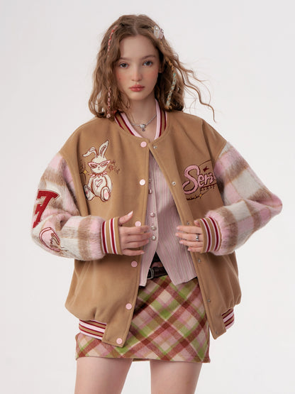 Rabbit Embroidered Wool Checkered Jacket | Retro Baseball Style for Autumn/Winter