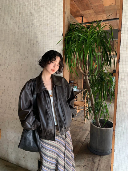 Wine afternoon elegant retro 2026 spring lapel dropped shoulder sleeve PU leather jacket loose short windproof design jacket for women