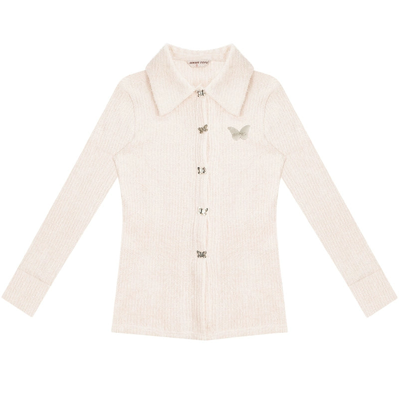 Butterfly Embroidered Thick Cardigan | Slim Fit Long Sleeve Retro Jacket for Autumn/Winter