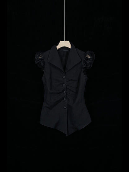 Dark Flying Sleeve Pleated Shirt: Summer