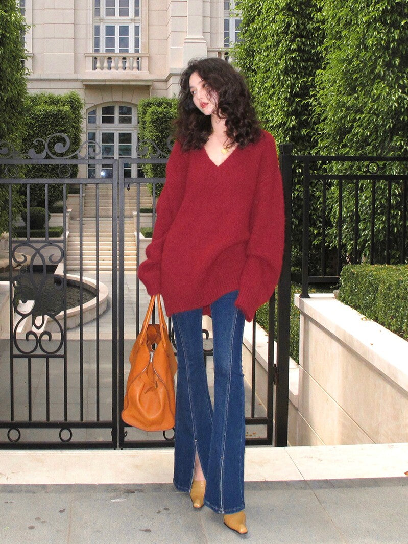 Soft V-Neck Sweater & Flared Denim Set