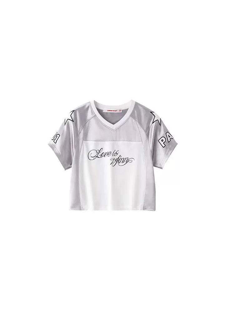 Energetic Girl Patchwork Embroidered Cropped Tennis Jersey