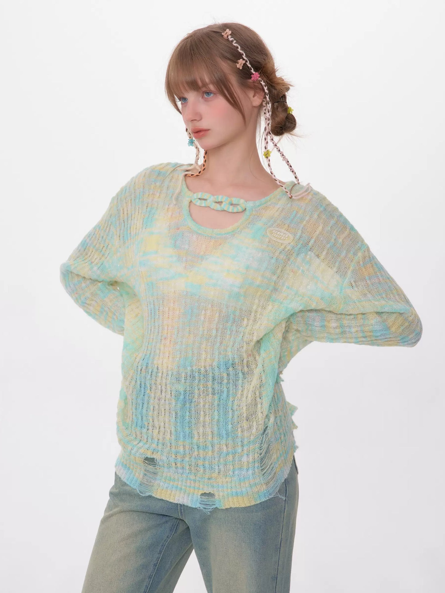 Translucent Hollow Sleeve Knit Top | Sunscreen Retro Design for Spring/Summer