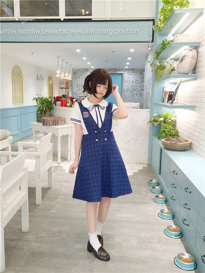 J42318 Premium Student V-Neck Plaid Strap Skirt