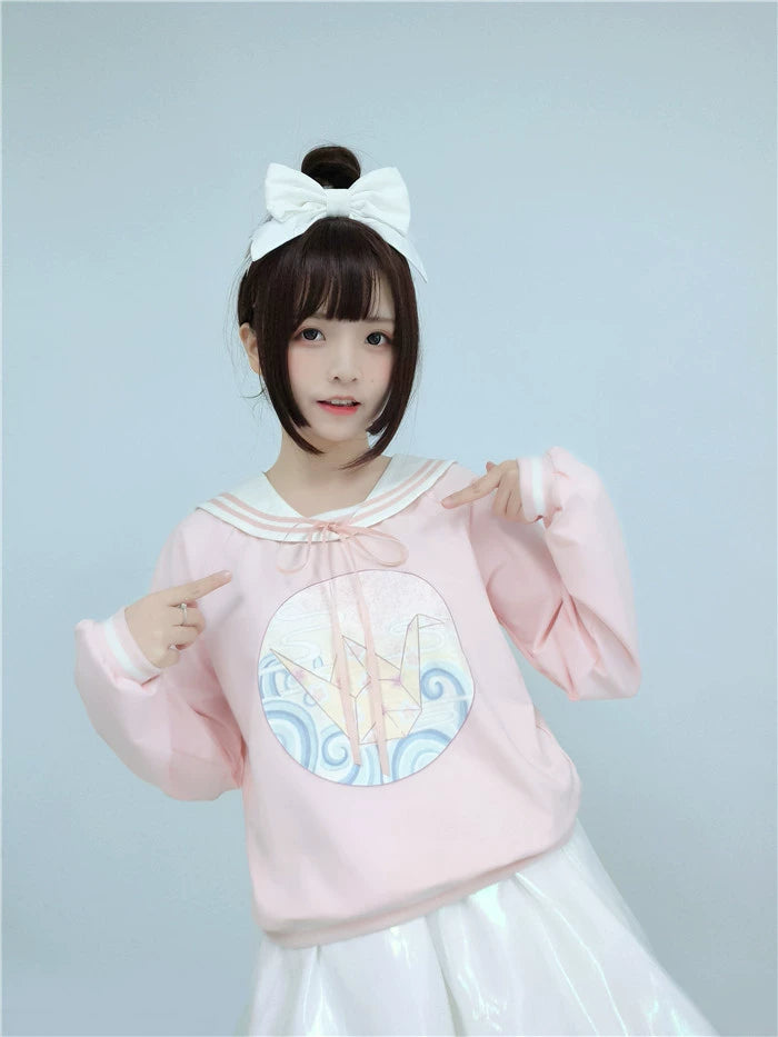 C396817 Origami Crane Print Sailor Collar Sweater