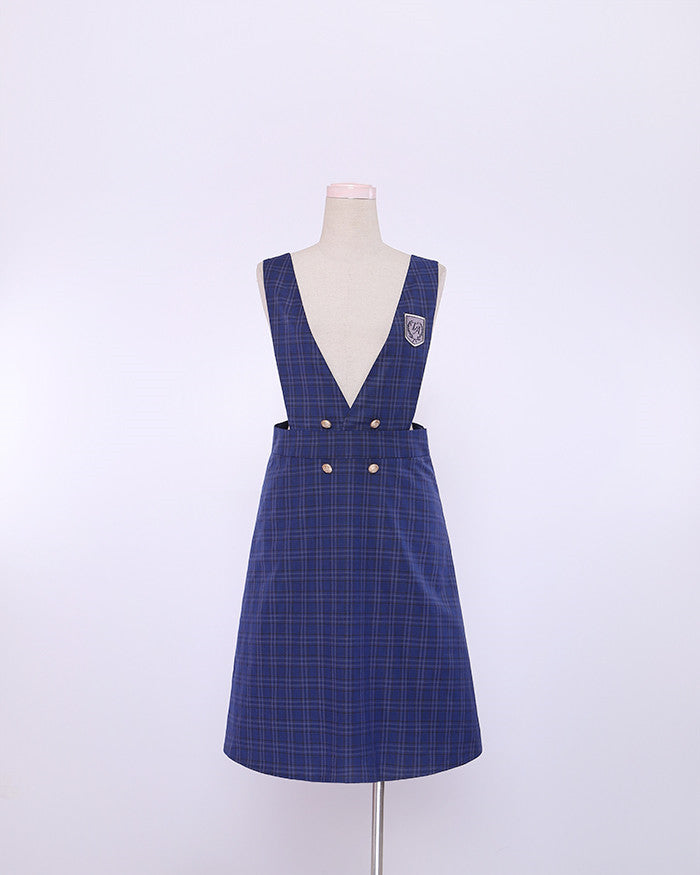 J42318 Premium Student V-Neck Plaid Strap Skirt