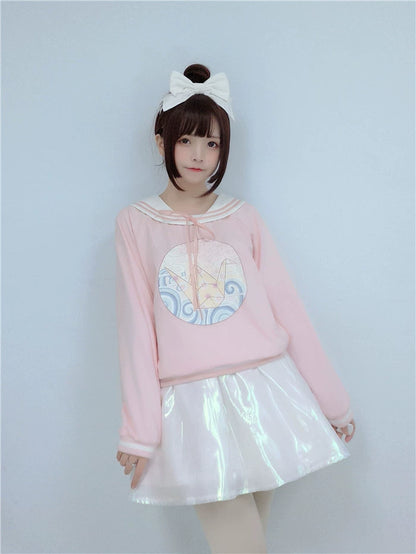 C396817 Origami Crane Print Sailor Collar Sweater