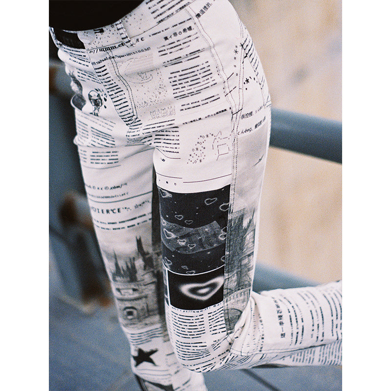 Mars Space Station Theme Printed Newspaper Jeans