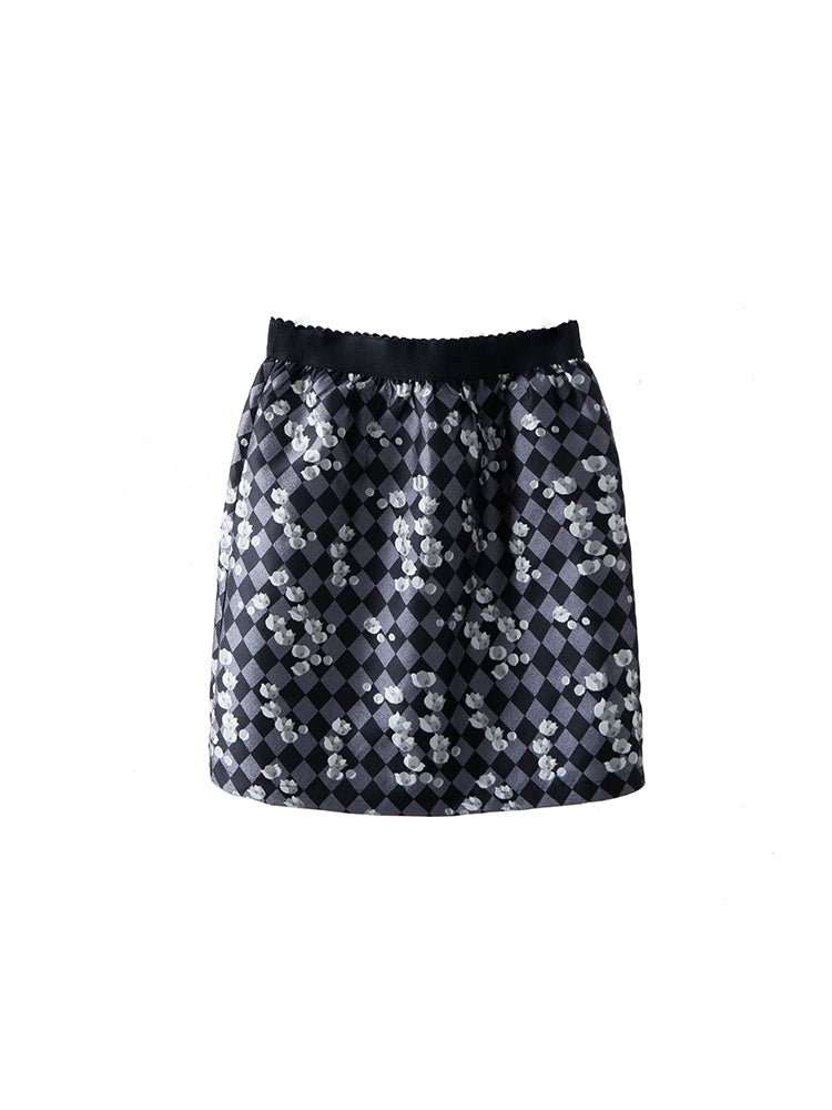 Original Design Tile Black Grey Checked Tulip Jacquard Elastic Waist A-line Short Skirt Half length Skirt