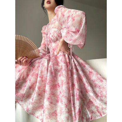 Spring Tea Skirt Print Pink Dress