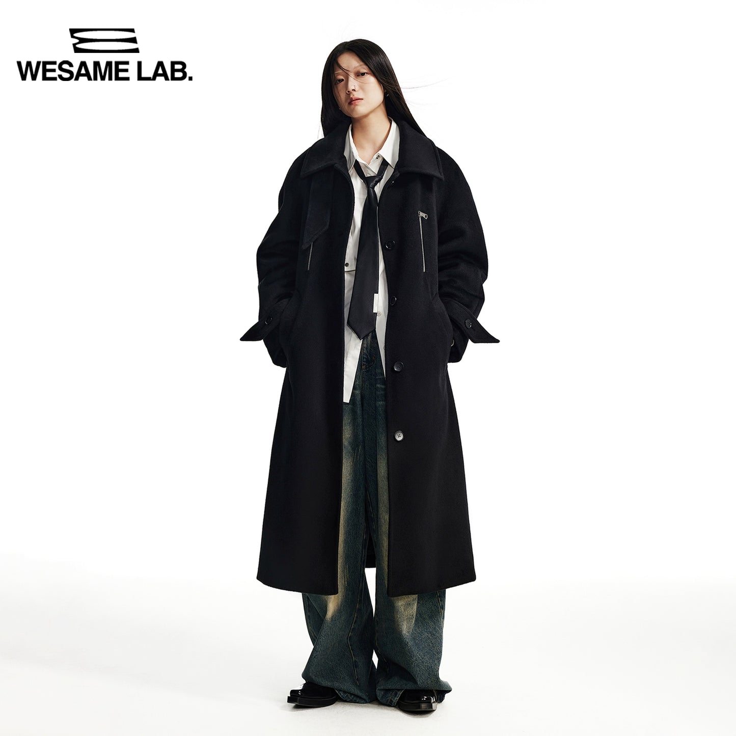 Simple Raglan Sleeves Long Black Fleece Coat