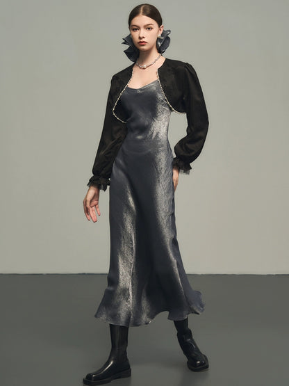 Silver V-Neck Silk Dress