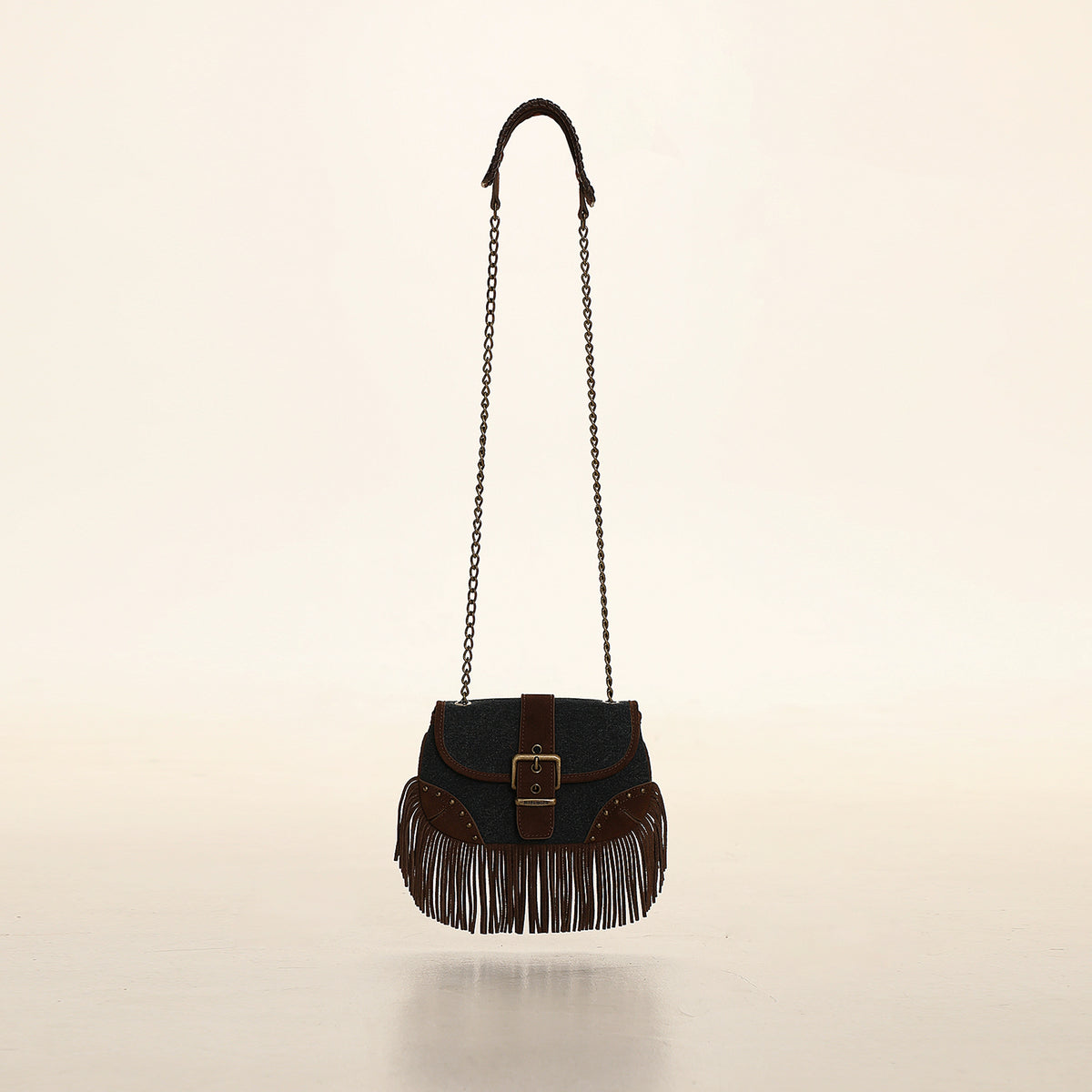 Twill Denim Suede Tassel Crossbody Bag